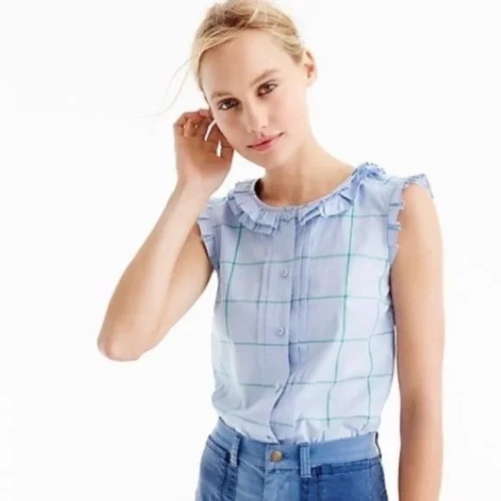 J.‎ Crew Ruffle Button Down Shirt Windowpane Plaid 100% cotton blue green size 2